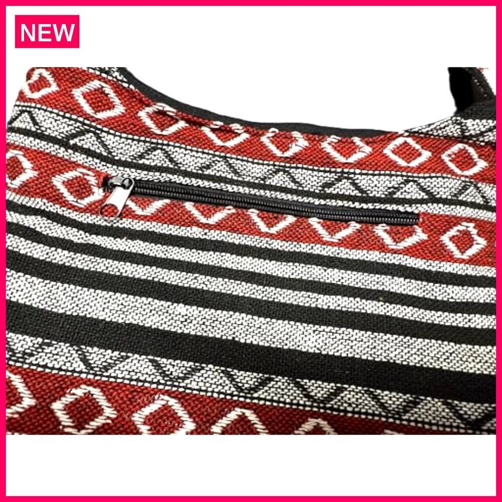 Small Handmade Woven Hobo Bag, Lightweight Cotton, Zippered Pockets - Picture 4 of 8